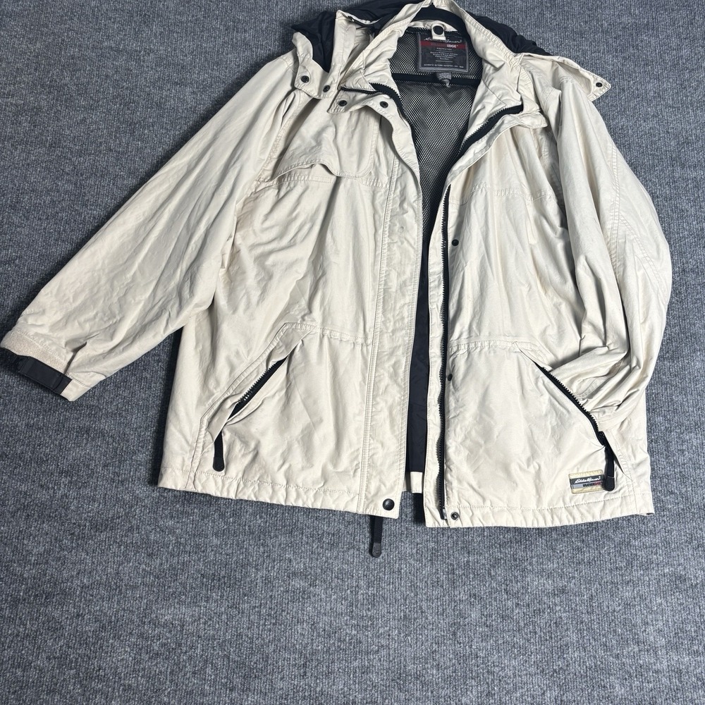 Eddie Bauer Hooded Waterproof Parka Jacket Mens XL Beige WeatherEdge Rain Hiking